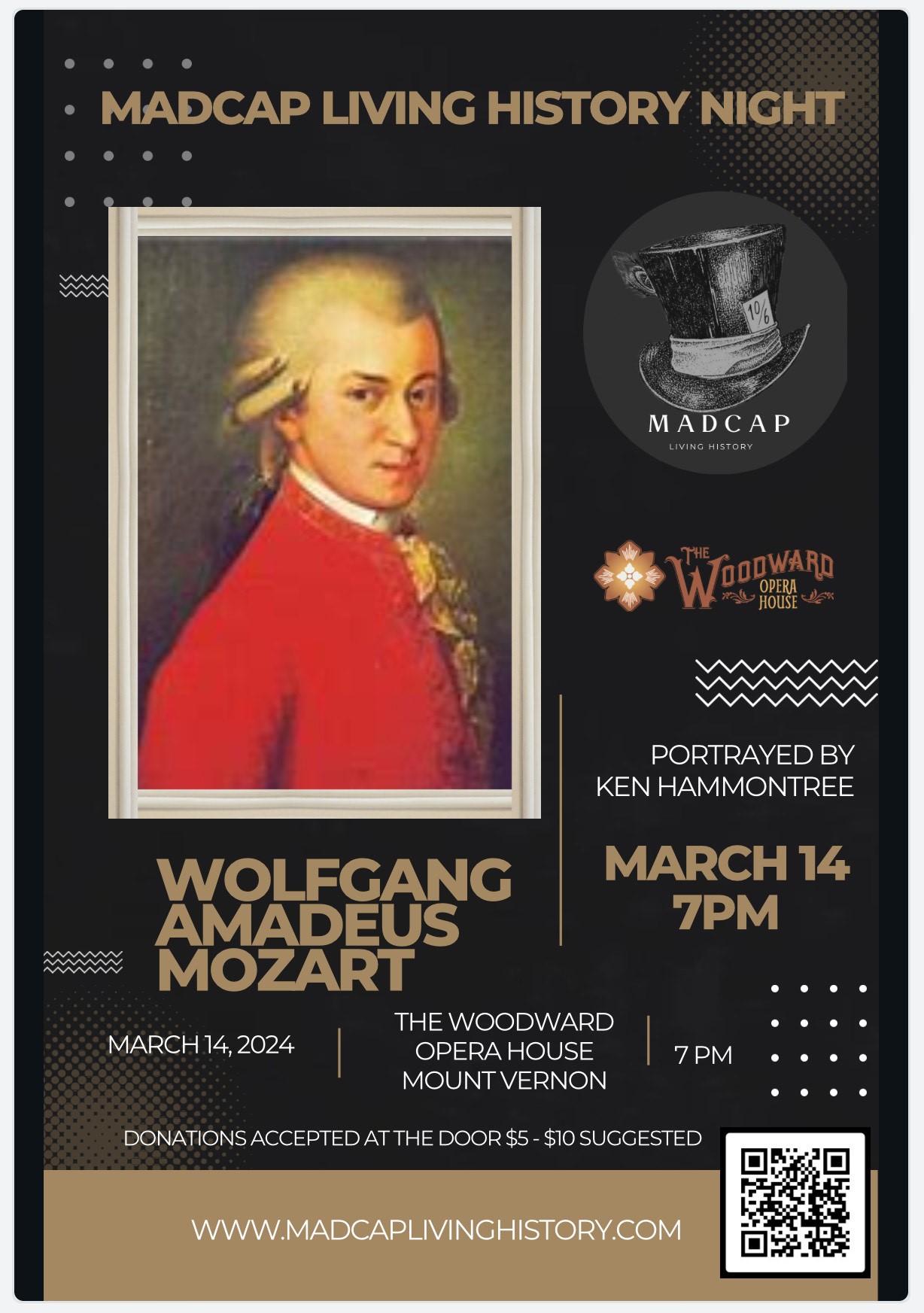 March Madcap Living History Wolfgang Amadeus Mozart March 14 7PM
